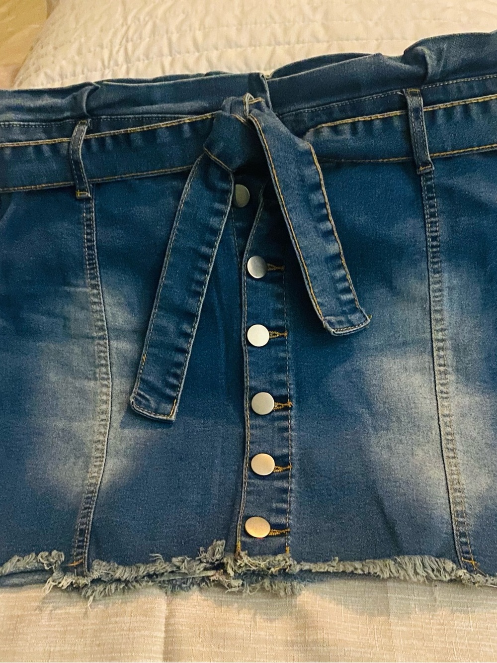 Blue Denim Button-Front Mini Skirt with Waist Tie